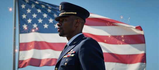 An African-American veteran salutes before an American flag in a memorial setting evoking patriotism on Independence Day