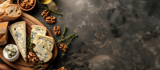 Traditional Mediterranean snacks featuring blue cheese served with baguette walnuts and thyme set against a captivating copy space image