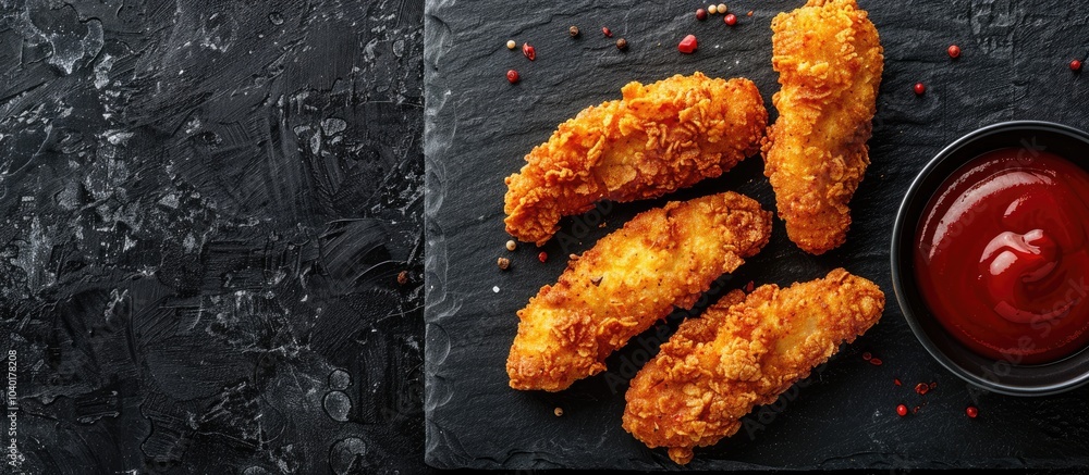 Aufkleber chicken tenders dipped in breadcrumbs served with ketchup on a black backdrop shot from above with s