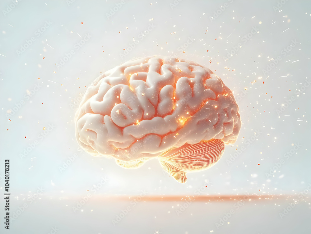 Poster flat levitating brain with light beams concept - close-up of white brain hovering in space with illu