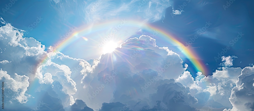 Aufkleber in summertime there s a striking rainbow visible in a sunny sky surrounded by fluffy clouds creating