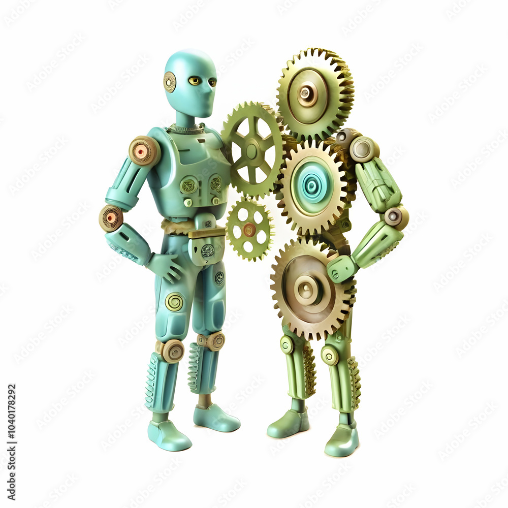 Poster interlocking gears human robotic collaboration image plain background seamless integration concept s