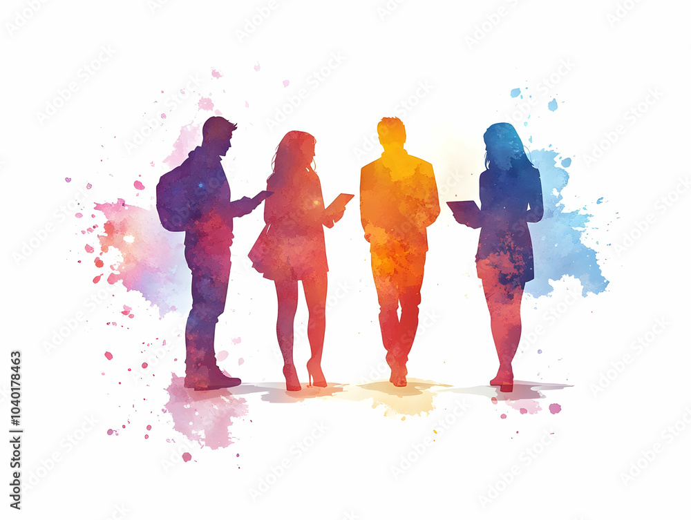 Poster flat bokeh abstract group discussing tablets silhouettes with bokeh effects symbolizing innovation t