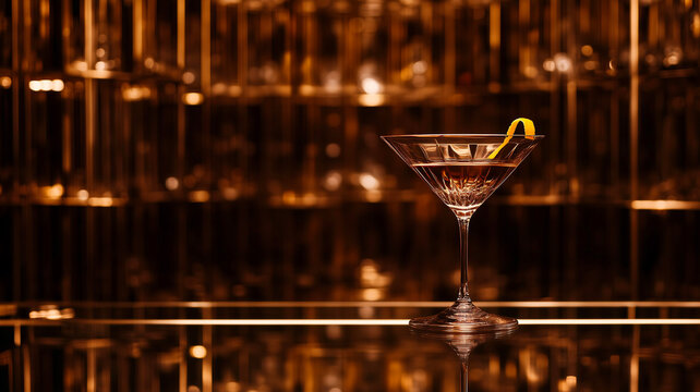 A sleek Vesper Martini in a crystal-clear martini glass, filled with pale golden liquid, garnished with a thin twist of lemon peel. The glass reflects soft, dim bar lighting, set against a luxurious, 