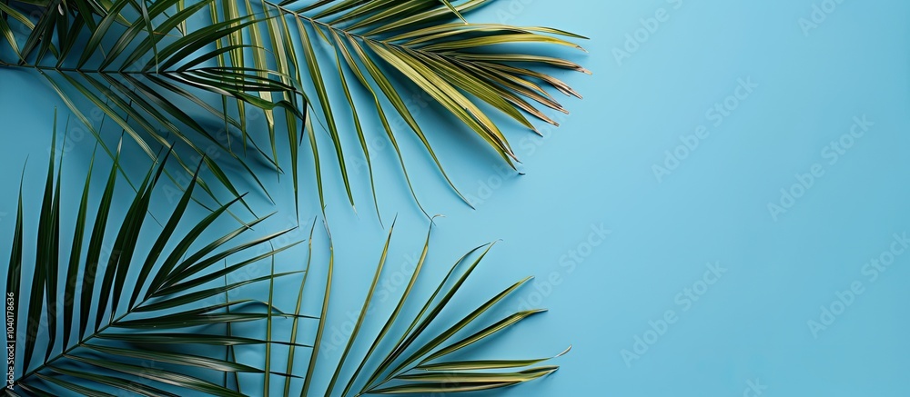 Poster flat lay design featuring a simple theme of palm leaves on a solid blue background ideal for a vacat
