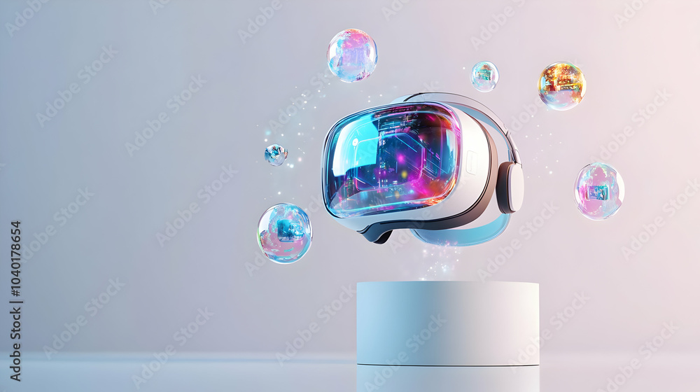 Poster 3d holographic vr headset floating elements concept | glowing softly with ambient light | isolated o