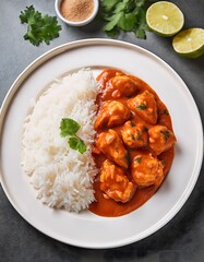 Top view of chicken tikka masala with rice on a white plate