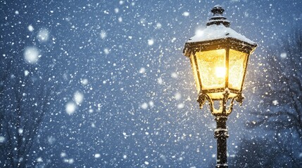 A single street lamp glows brightly in the midst of a heavy snowfall.