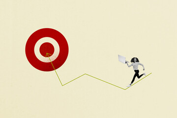 Composite photo collage of happy business girl carry laptop run promotion arrow target career freelancer isolated on painted background