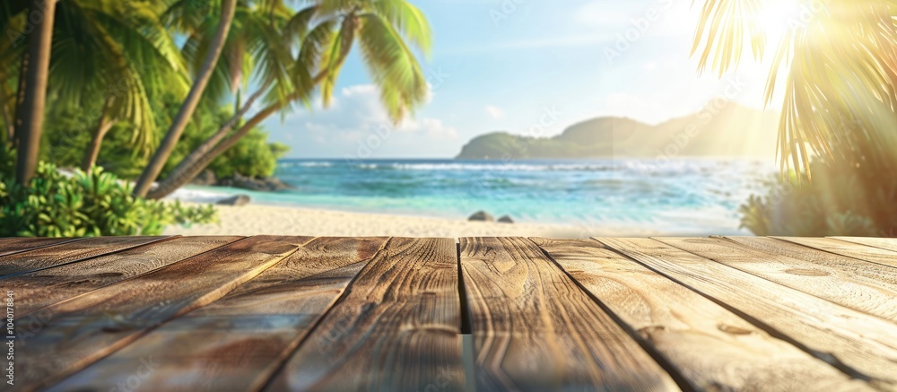 Aufkleber summer themed product presentations can be showcased on a wooden table against a blurred beach and p
