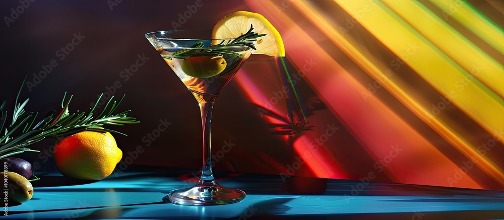 Poster a martini garnished with green olives rosemary and lemon displayed on a dark background illuminated 