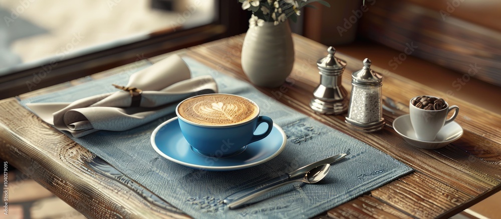Poster a latte with latte art on a blue saucer set on a table with a grey placemat accompanied by salt and 