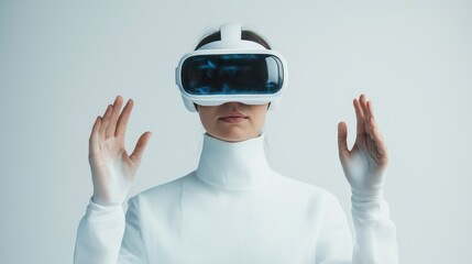 A person wearing a futuristic VR headset with a white outfit, showcasing an immersive virtual reality experience.