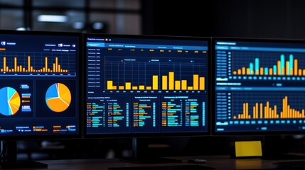 Dynamic office with computers displaying data charts
