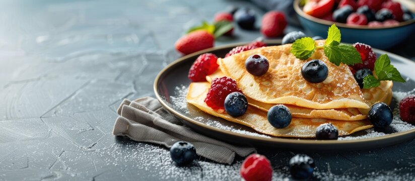 On a gray table there is a plate of delicious thin pancakes topped with berries in view for a copy space image