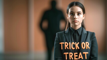 A serious-looking young woman in a suit stands with "TRICK OR TREAT" written in bold, while a shadowy figure looms behind her.