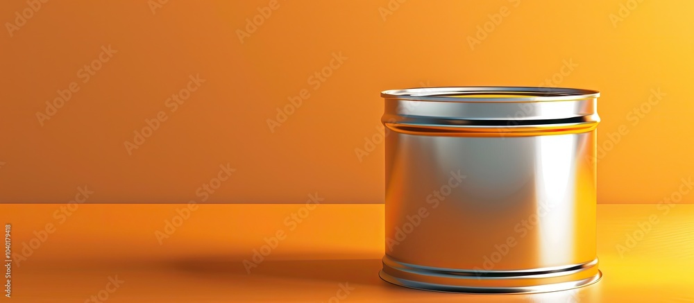 Poster unopened tin can on orange backdrop with blank edge is a safe steel sealed food storage container fo