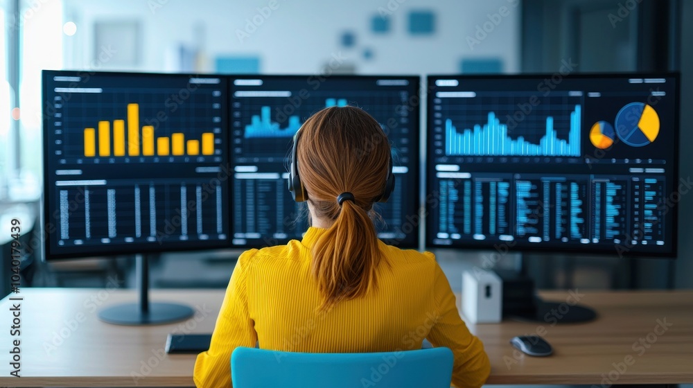 Wall mural woman analyzing financial data on multiple monitors