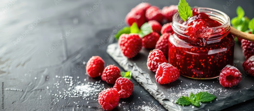 Poster close up of organic ripe red raspberry and ginger marmalade on a gray board with a copy space image
