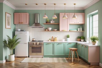 Pastel Color Kitchen with Mockup Poster Frame - Stylish Interior Design Inspiration for Home Decor