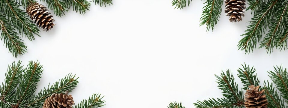 banner minimalistic white background with green pine branches and cones, with place for greeting text, copy space
