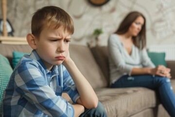 A concerned mother watches her upset son sitting quietly on the sofa, communicating feelings of sadness and misunderstanding in their home