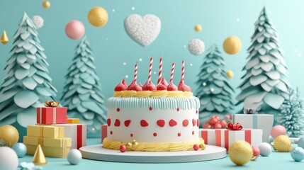 cake and gifts flat design front view 3D render, New Year Festival