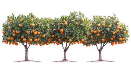 Fototapeta premium Ripe oranges hanging from trees in rows, showing the bountiful harvest in a thriving orange orchard, isolated on white