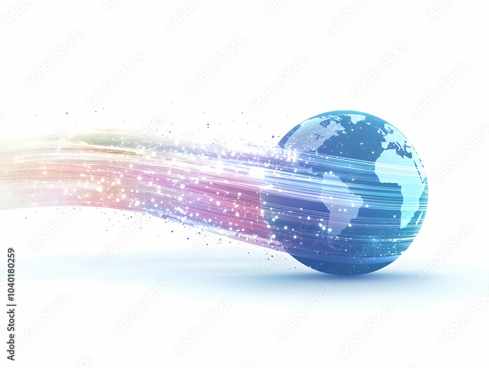 Poster flat abstract light trails around earth | soft abstract light trails encircle globe with bokeh effec
