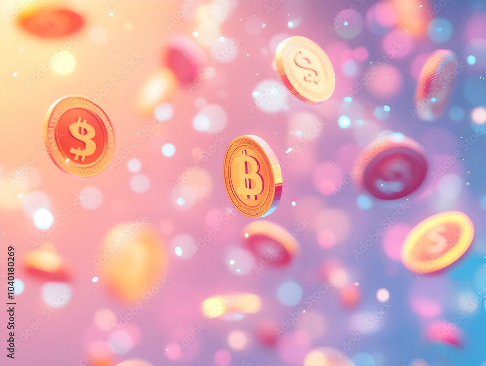 Poster flat bokeh currency symbols floating concept in soft focus for smart business revenue growth, isolat