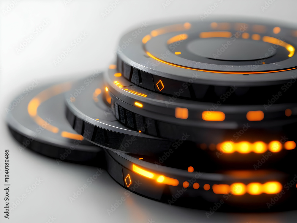 Poster futuristic stacked coins macro illustration | close-up of glowing edge digital engraved coins accumu