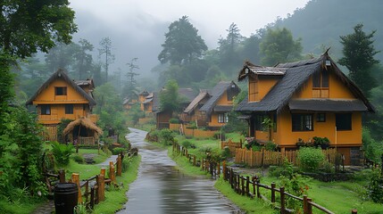 Fototapeta premium A quaint village of houses with thatched roofs on a misty, rainy day, with lush green foliage surrounding the houses and a path leading through the village.