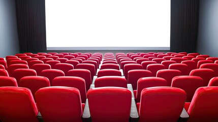 Rows of empty red theater seats facing a large blank screen, prepared for the next screening, isolated on white