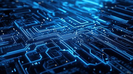 Abstract blue digital background with glowing circuits and lines representing AI technology. Copy space included