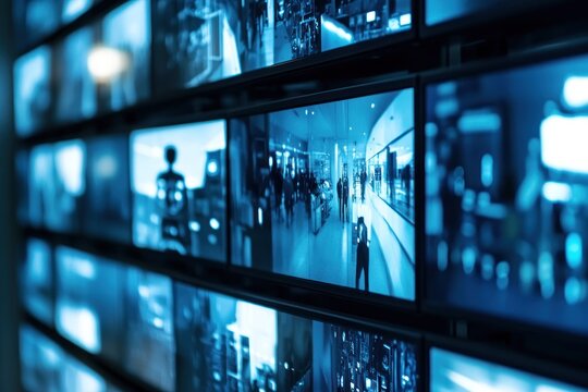 Row of monitors showcasing various live footage scenes.