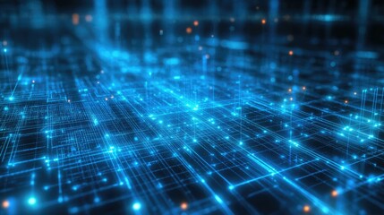 Obraz premium Abstract blue digital background with glowing circuits and lines representing AI technology. Copy space included
