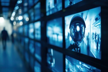 Close-up of security camera displaying multiple feeds.