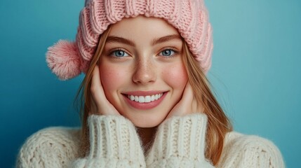 A woman wearing a pink hat and a white sweater is smiling. She has blue eyes and is wearing makeup