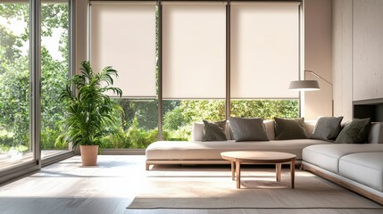 Fototapeta premium A living room with a white couch, a coffee table, and a potted plant