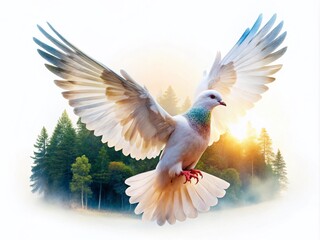 Obraz premium Peaceful Dove in Mid-Flight with Extended Wings Isolated on White Background for Nature and Wildlife Photography
