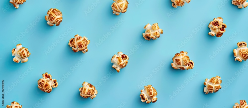 Poster top down view of caramel popcorn against a blue backdrop with ample copy space image
