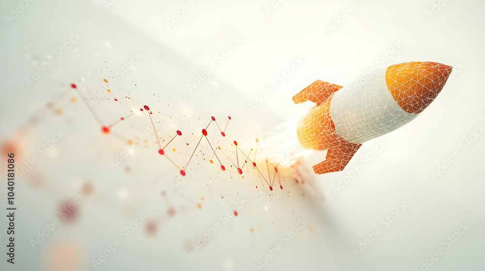 Poster 3d rocket growth concept white backdrop tracking shot abstract icon rising rocket graph line rapid g