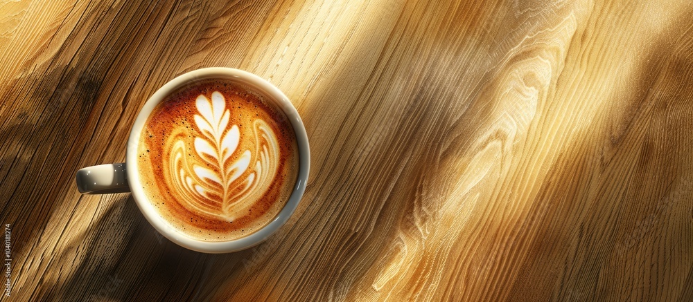 Poster a top down view of a steaming cappuccino with a floral latte design resting on a wooden table in the