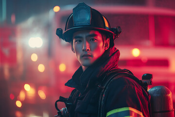 A dedicated male fireman in full gear, standing in front of a fire truck with a determined expression, People photography