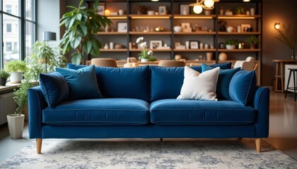 Modern living room with stylish blue sofa and cozy decor