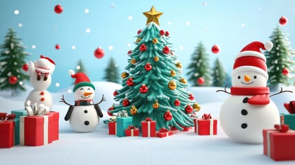 Christmas tree, snta Claus, snowman and gifts flat design front view North Pole theme 3D render 