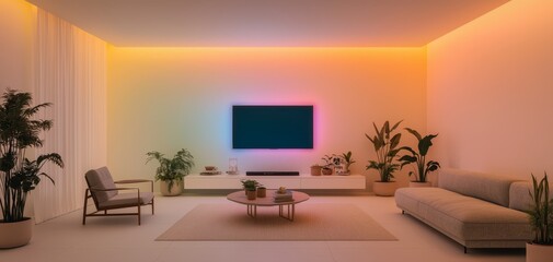 Symmetrical Modern Living Room with Color-Changing TV Wall Lights, Cozy Minimalist Decor, and Indoor Greenery - Contemporary Home Interior Design Concept