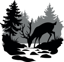 a deer drinking water in a forest, silhouette vector