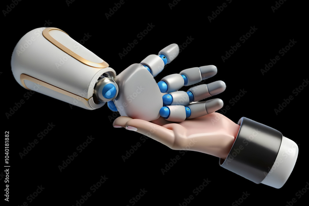 Poster robotic hand guiding human hand on digital interface - abstract image symbolizing mentorship and lea