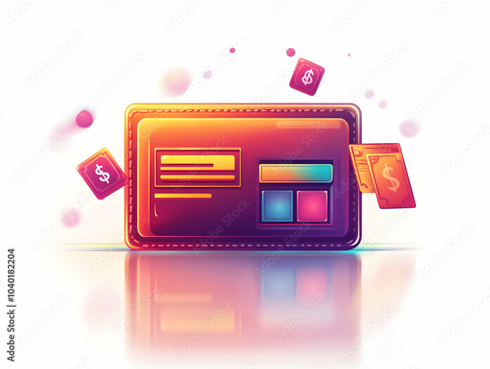 Poster flat wallet holographic buy icons concept leather wallet glossy surface glowing buy button dollar si